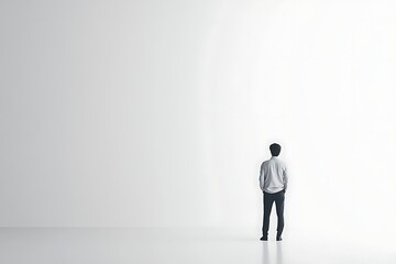 Obraz premium Man in shirt and trousers standing and looking at bright white copy space background