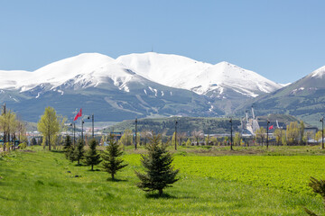 Spring in Erzurum with snowy mountains