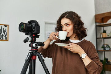 Young woman with curly hair enjoys coffee while capturing moments at home