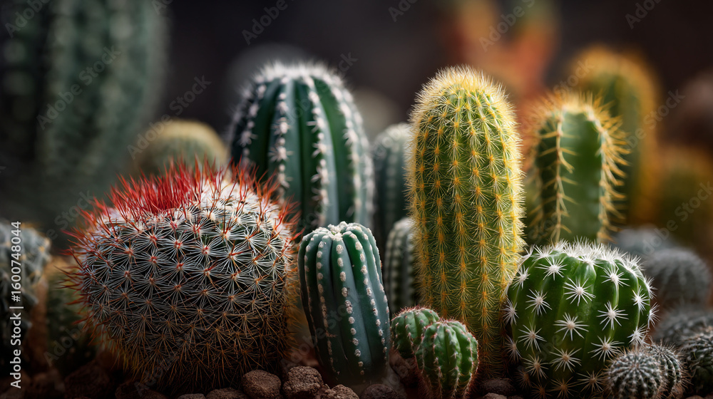 Poster a diverse collection of cacti displayed in a close up view with varying shapes and sizes