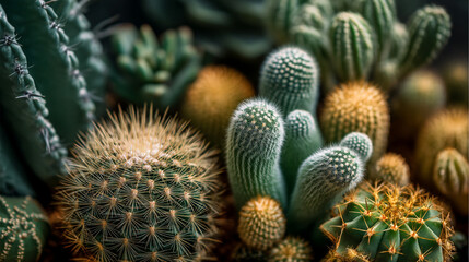 A close up photograph of a variety of different types of cacti in a desert garden