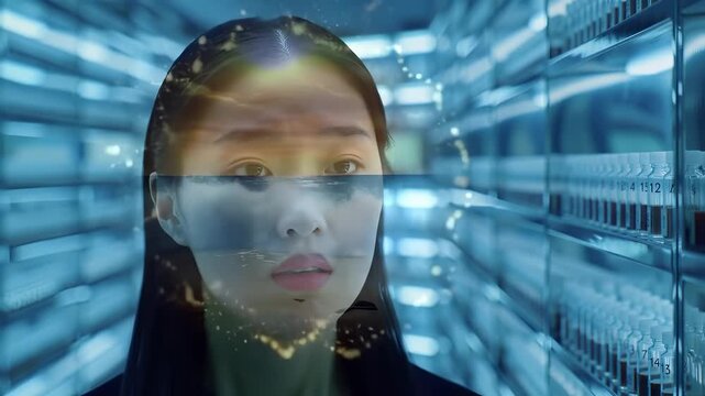 Futuristic scientist analyzing data with digital overlay in laboratory environment - Powered by Adobe