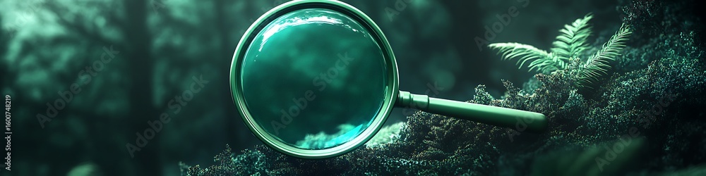 Poster a deep green translucent 3d search magnifying glass icon, floating on a soft textured dark forest ba