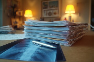 Knee pain surgery follow up concept. Stack of documents with a pen and x-ray on a desk, illuminated by warm lamps.