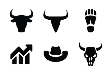 Bull head silhouette cowboy hat footprint and upward trending graph bull horns shoe print