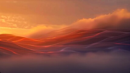 Soft abstract landscape with glowing orange and purple dunes at sunset, gentle mist and smooth motion creating a calm, dreamy, and meditative atmosphere - Powered by Adobe