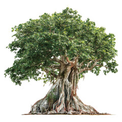 Massive ancient tree, lush green foliage, extensive roots