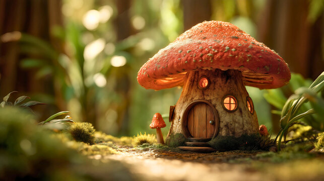 A small mushroom house in a vast forest  a mystical and magical place, a tiny mushroom cottage.
