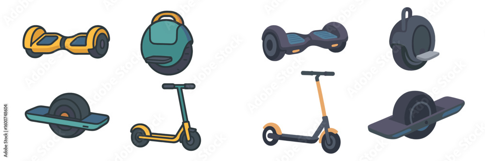 Poster modern electric scooters and hoverboards displayed in a stylish design layout with various shapes an