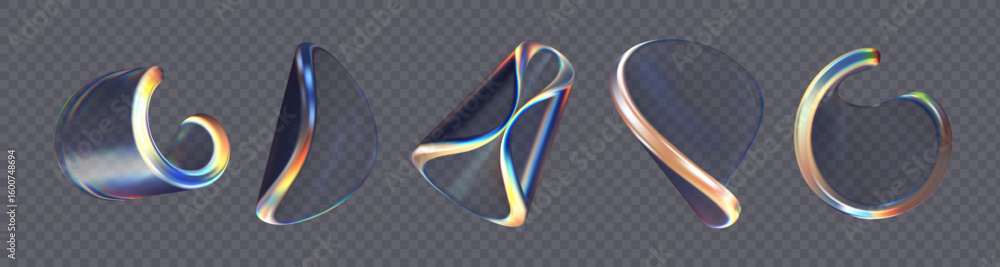 Poster set of 3d transparent glossy twist round shapes with dispersion effect. rainbow colors reflection gl
