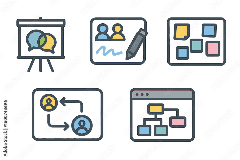 Poster visual representation of collaboration tools in a creative workspace showcasing team interaction and