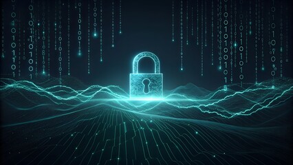 Digital security padlock with binary code streams and data waves, Digital Security lock, padlock