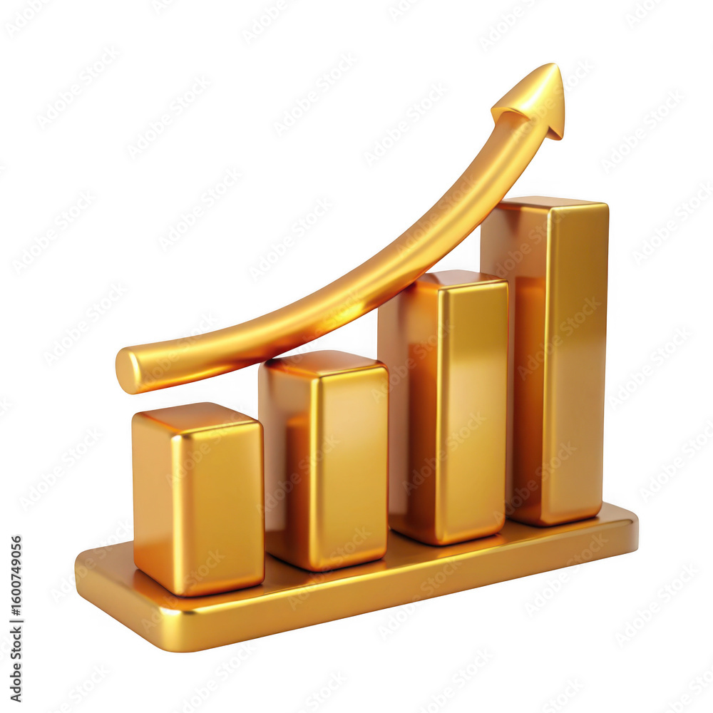 Poster 3d golden bar chart with upward arrow isolated on transparent background