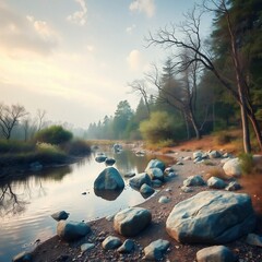 Serene Riverbank with Smooth Stones and Leafless Trees Under a Soft Sky