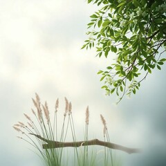 Lush Green Leaves and Grasses Framing a Soft, Dreamy Background