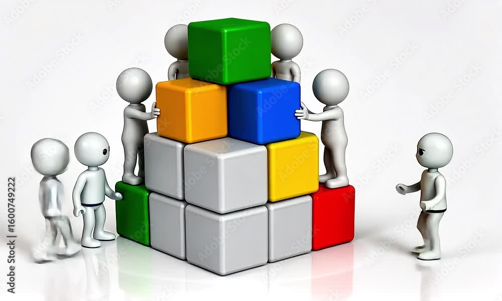 Poster diverse figures constructing a multicolored block pyramid