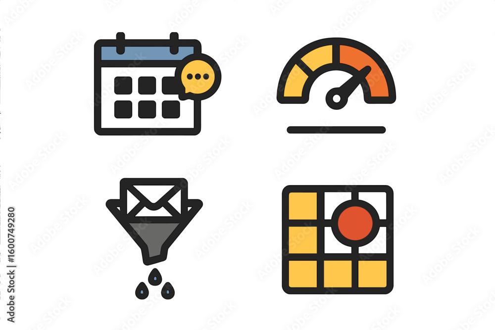 Aufkleber icons representing tasks, scheduling, performance tracking, and data management in a modern workspac