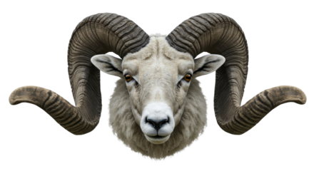 Sheep horns. Majestic Ram Portrait with Impressive Horns Isolated on White
