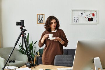 Curly-haired woman captures moments while enjoying coffee at her home workspace