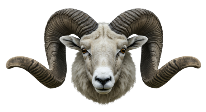 Sheep horns. Majestic Ram Portrait with Impressive Horns Isolated on White