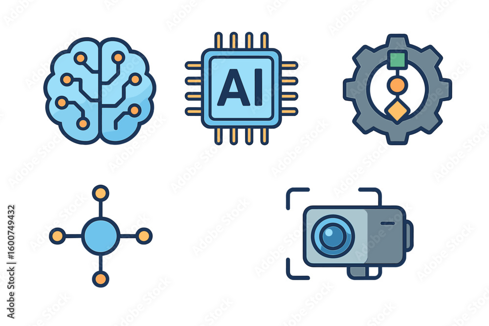 Poster icons representing artificial intelligence concepts displayed on a clean white background showcasing