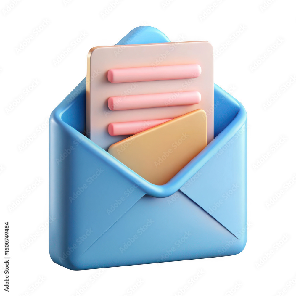 Poster 3d email icon with document and card isolated on transparent background