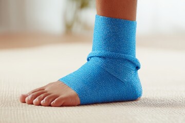 Knee pain surgery follow up concept. Foot with a blue compression sock on a soft surface, focusing on recovery and comfort.