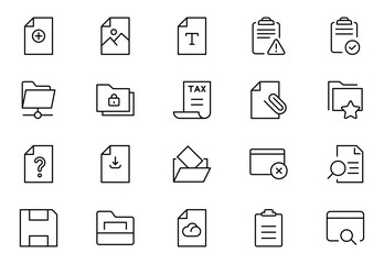 File and folder line Icon Set. Streamlined icons for organizing, storing, and sharing files, perfect for productivity apps, cloud storage, and business workflows.