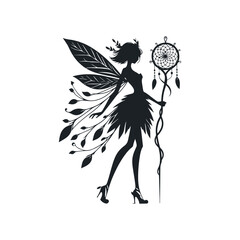 Fototapeta premium Enchanting silhouette of a nature fairy with dreamcatcher staff and leafy wings