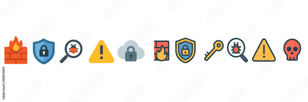 Poster security icons representing vulnerabilities, alerts, and protection measures used in technology and 