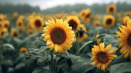Fototapeta premium A field of sunflowers with water droplets on the leaves in a slightly blurred shot