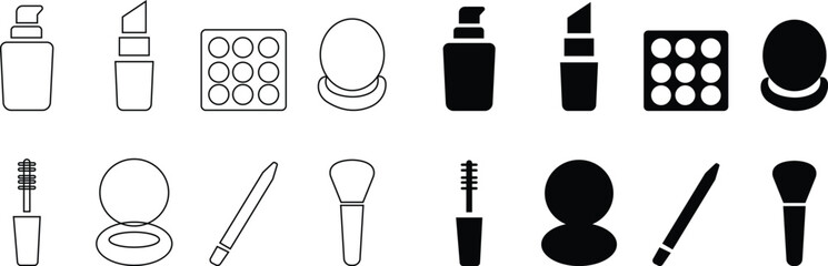 Beauty and makeup outline icon set cosmetics grooming symbols Product Certifications and Qualities, skincare and makeup vector template designs elements icons Recipients Silhouettes, for personal care
