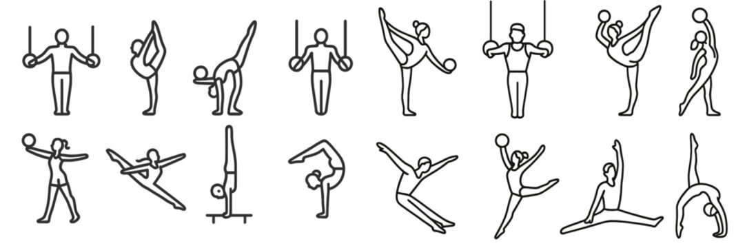 Gymnastic poses showcased by athletes in various routines during a competition at an indoor sports venue