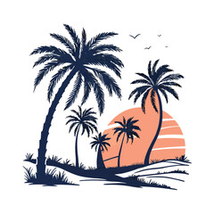 Palm tree silhouettes on tropical beach during sunset with sea and sky in background