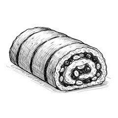 Dessert Roll with Nuts and Berries, monochrome hand-drawn vector sketch. Sweet bakery, autumn treats concept. For food blogs, recipe books, cafe menus
