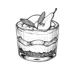 Layered Dessert with Pear and Sage Mousse in Glass Cup, monochrome vector sketch. Elegant autumn dessert, gourmet concept. For food blogs, recipe books, restaurant menus