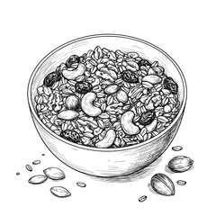 Bowl of Mixed Seeds and Dried Fruits, monochrome vector sketch. Healthy snack, superfood concept. For nutrition blogs, diet plans, healthy lifestyle content
