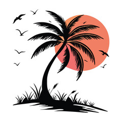 Tropical palm tree silhouette on beach at sunset with ocean and island background