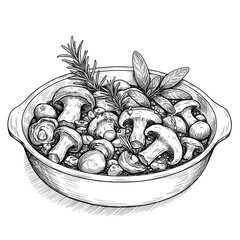 Mushroom Ragout with Herbs in Decorative Dish, monochrome vector sketch. Rustic autumn comfort food concept. For food blogs, recipe books, restaurant menus
