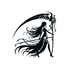 Fototapeta premium Mysterious female grim reaper with flowing dark hair and a large scythe against a white background