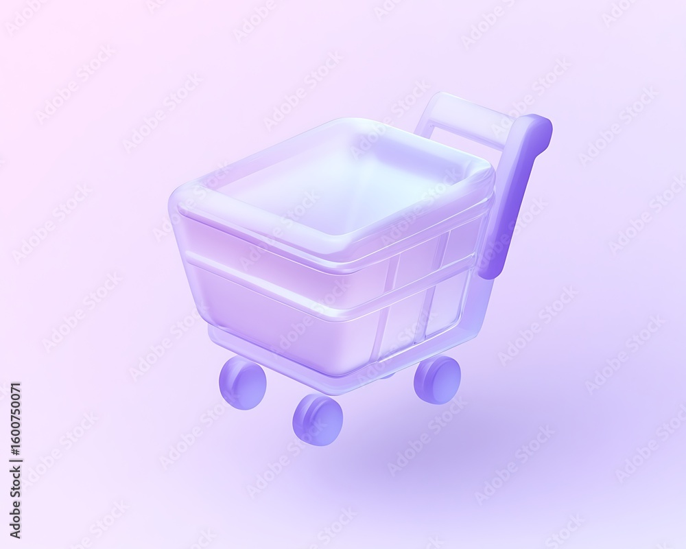 Poster a holographic 3d shopping cart icon with translucent layers, floating above a soft purple gradient b