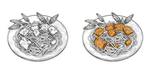 Rice Noodles with Pumpkin & Sage on Decorative Plate, monochrome line art vector. Gourmet vegetarian cuisine concept. For food blogs, recipe apps, menu design