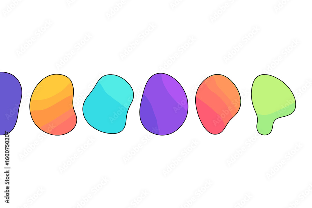 Poster colorful abstract shapes arranged in a line showcasing a gradient of vibrant hues and smooth contour