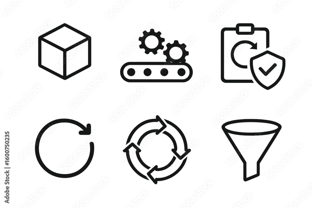 Aufkleber icons depicting manufacturing processes and quality assurance in a production environment with a foc