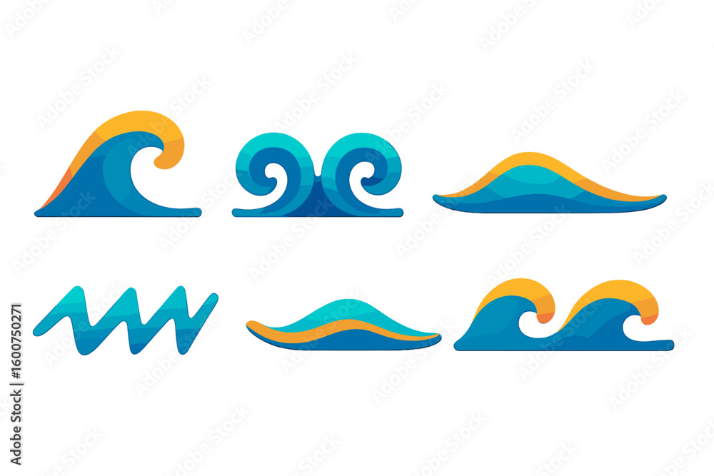 Poster unique wave designs in various styles and colors created for a beach-themed project or design