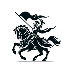 Fototapeta premium Powerful medieval knight in silhouette on horseback holding a triumphant banner aloft with pride