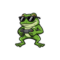 Fototapeta premium Cartoon frog wearing sunglasses and holding a video game controller.