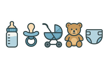 Baby essentials collection including bottle, pacifier, stroller, teddy bear, and diaper for new parents