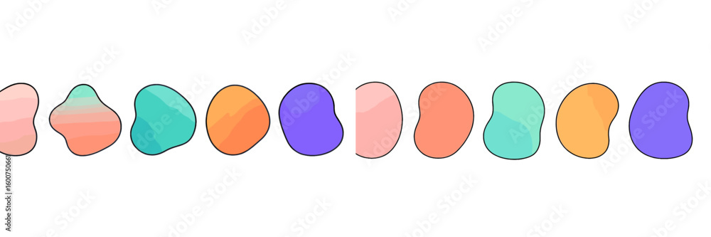 Poster colorful abstract shapes arranged in a horizontal line creating a vibrant visual display