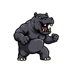 Obraz premium Cartoon hippopotamus standing aggressively with clenched fists and an open mouth, showing teeth.